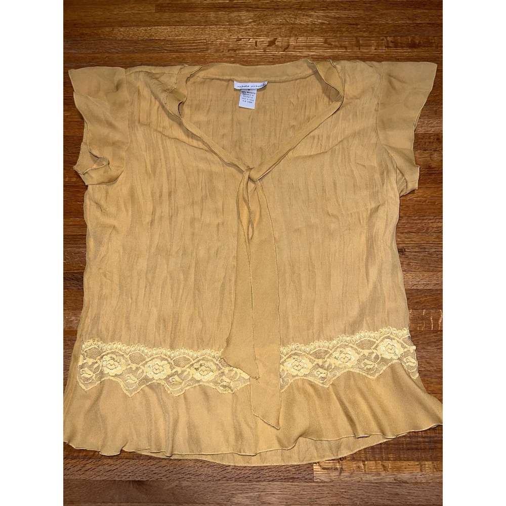 Michele Michelle Women Small Mustard Yellow Lace Trim Ruffle V-Neck Tie Blouse